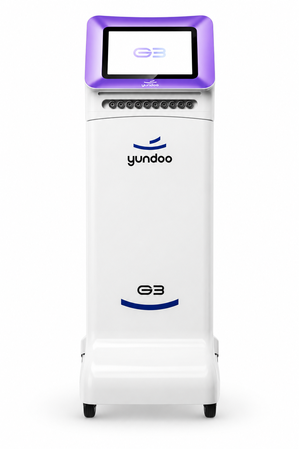 G3 Pro 设备正视图,紫色屏幕边框与一体白色推车